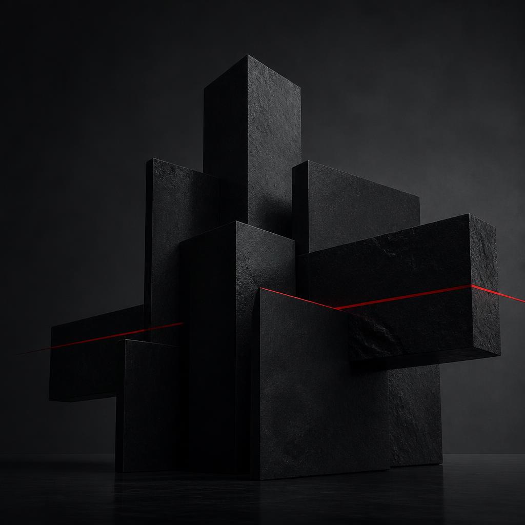 Minimalist dark abstract structure of intersecting lines with a subtle signal red accent line