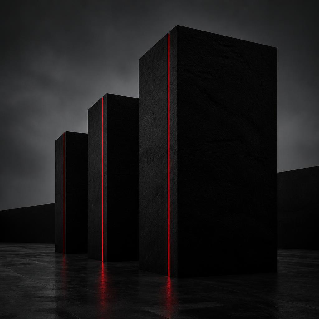 A series of three minimalist dark geometric blocks aligned in perspective with glowing red accents