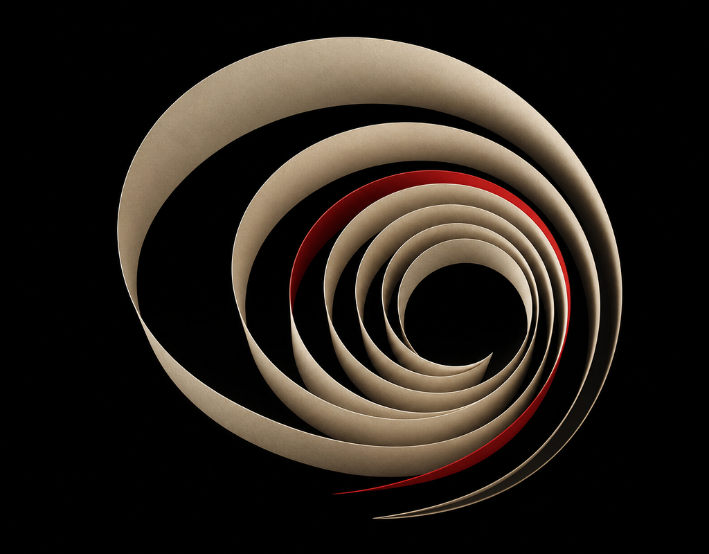 Abstract spiral paper-colored loop with a red accent indicating compounding path